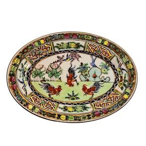 Japanese Hand Painted Porcelain Oval Plate Roosters Painted in HK Marked ACF Vtg